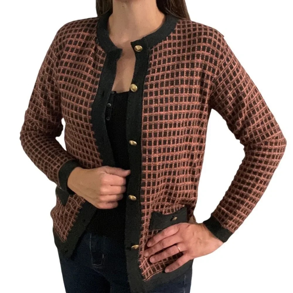 Vintage burgundy and black knit cardigan, small. Gold tone buttons. Round neck